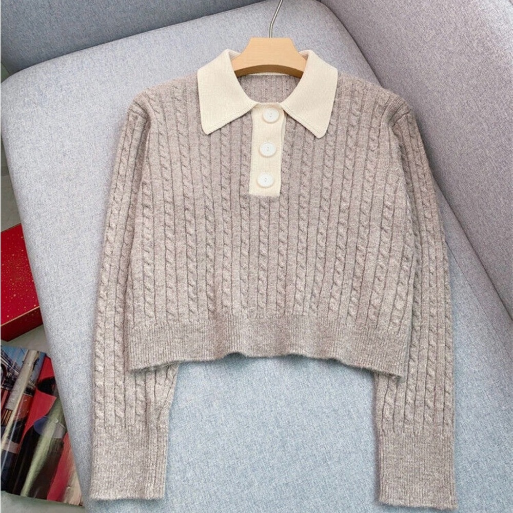 Sandro Beige Cable Knit Collared Sweater